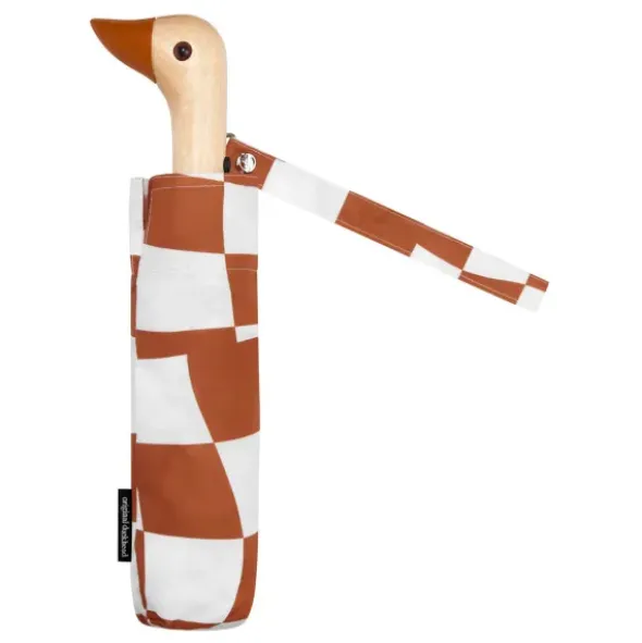 Regenschirm mit Entenkopf Griff aus Holz braun weiß gemustert - Original Duckhead Taschenschirm