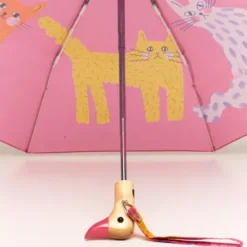 Regenschirm mit Entenkopf Griff aus Holz & Katzenmotiv rosa - Original Duckhead Taschenschirm