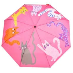 Regenschirm mit Entenkopf Griff aus Holz & Katzenmotiv rosa - Original Duckhead Taschenschirm