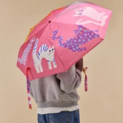 Regenschirm mit Entenkopf Griff aus Holz & Katzenmotiv rosa - Original Duckhead Taschenschirm