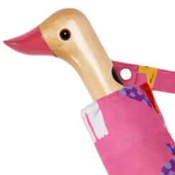Regenschirm mit Entenkopf Griff aus Holz & Katzenmotiv rosa - Original Duckhead Taschenschirm