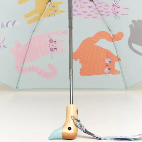 Regenschirm mit Entenkopf Griff & Katzenmotiv bunt - Original Duckhead Taschenschirm