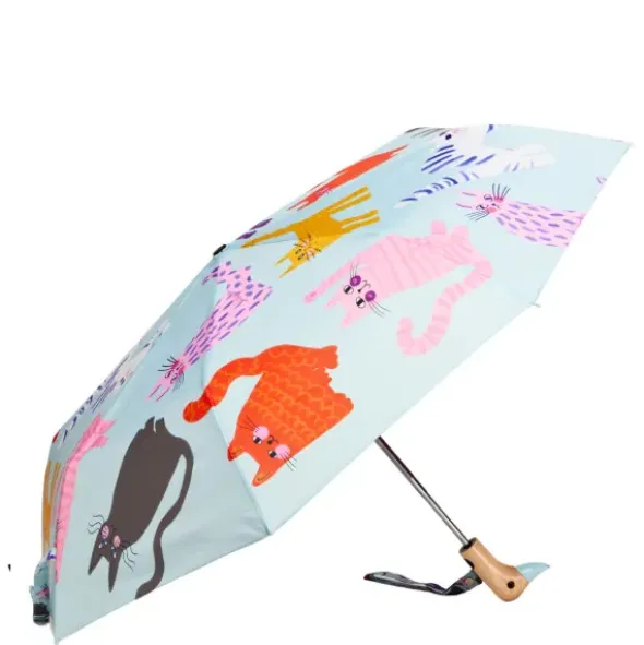Regenschirm mit Entenkopf Griff & Katzenmotiv bunt - Original Duckhead Taschenschirm