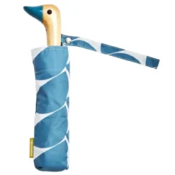 Regenschirm mit Entenkopf Griff aus Holz hellblau weiß gemustert - Original Duckhead Taschenschirm