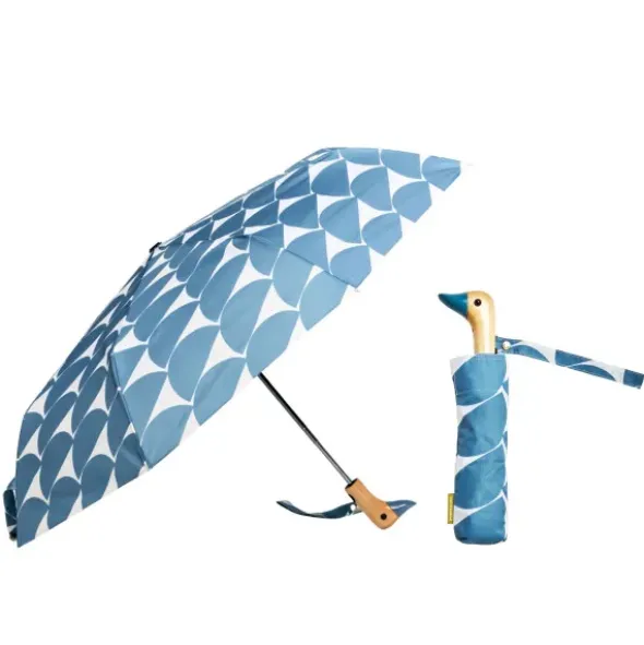 Regenschirm mit Entenkopf Griff aus Holz hellblau weiß gemustert - Original Duckhead Taschenschirm