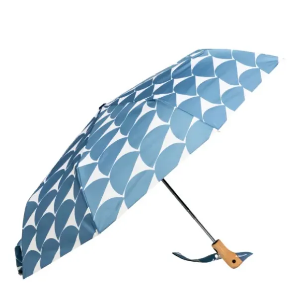 Regenschirm mit Entenkopf Griff aus Holz hellblau weiß gemustert - Original Duckhead Taschenschirm