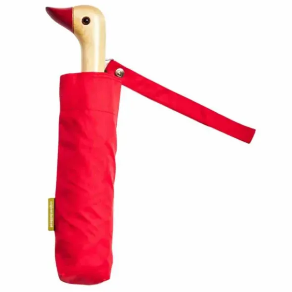 Regenschirm rot mit Entenkopf Griff aus Holz - Original Duckhead Taschenschirm