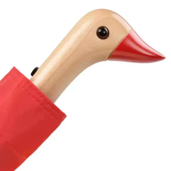 Regenschirm rot mit Entenkopf Griff aus Holz - Original Duckhead Taschenschirm