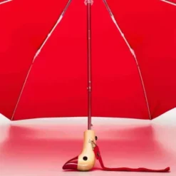 Regenschirm rot mit Entenkopf Griff aus Holz - Original Duckhead Taschenschirm