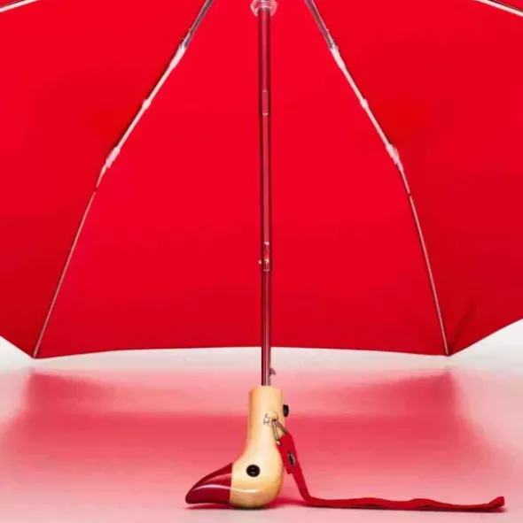 Regenschirm rot mit Entenkopf Griff aus Holz - Original Duckhead Taschenschirm