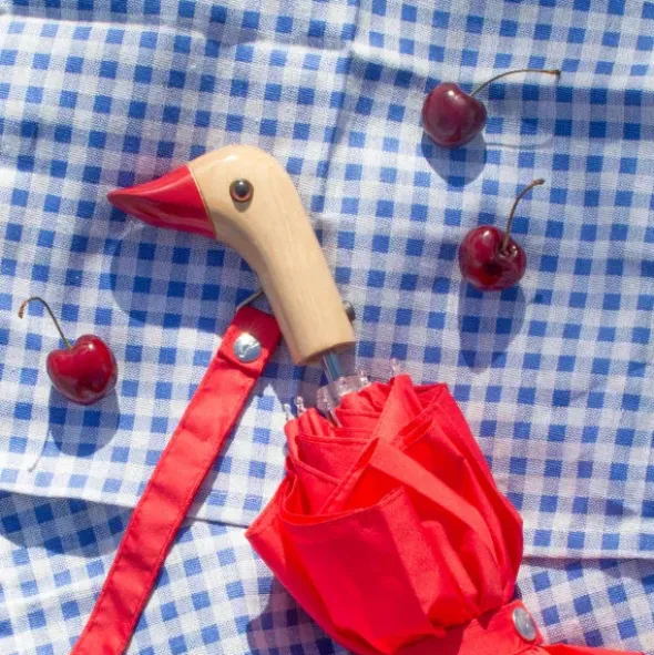 Regenschirm rot mit Entenkopf Griff aus Holz - Original Duckhead Taschenschirm