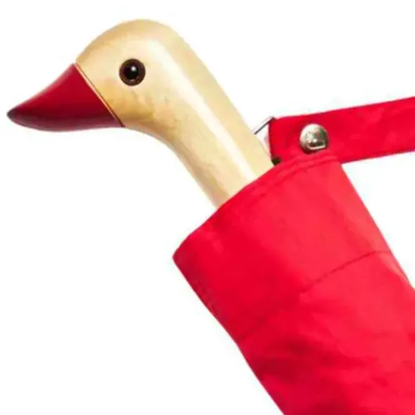 Regenschirm rot mit Entenkopf Griff aus Holz - Original Duckhead Taschenschirm