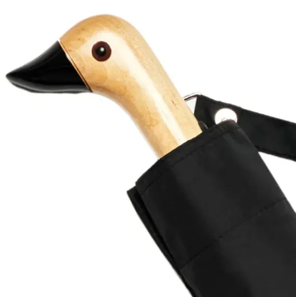 Regenschirm schwarz mit Entenkopf Griff aus Holz - Original Duckhead Taschenschirm