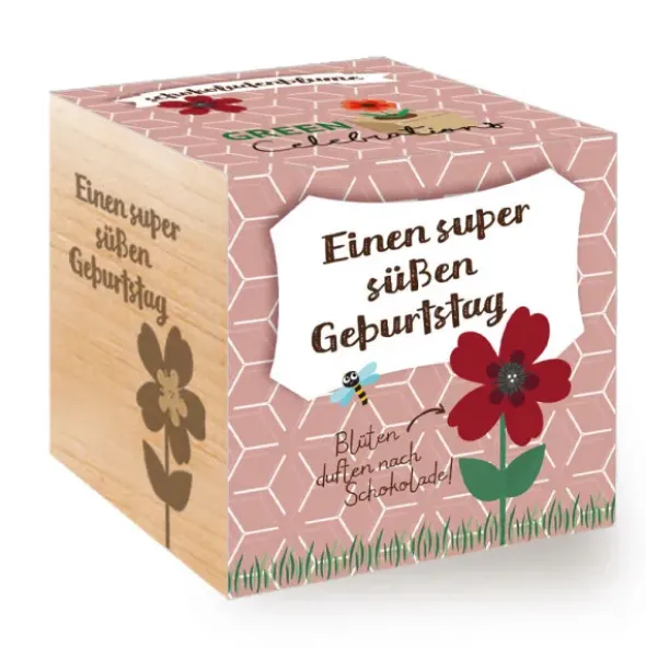 Schokoladenblume im Holzwürfel - süßen Geburtstag