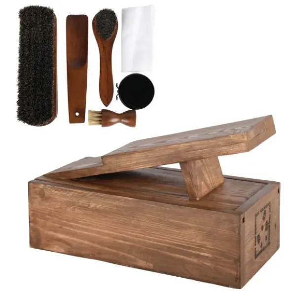 Schuhputz Set / Schuhputzkiste aus Holz mit Bürsten + Pflegewachs