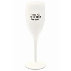 Sektglas I LOVE YOU TO THE MOON AND BACK - weißes Kunststoff Champagnerglas mit Botschaft
