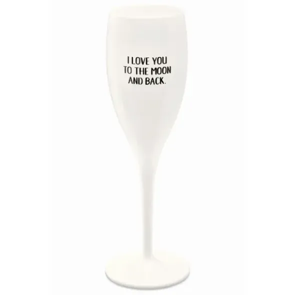 Sektglas I LOVE YOU TO THE MOON AND BACK - weißes Kunststoff Champagnerglas mit Botschaft