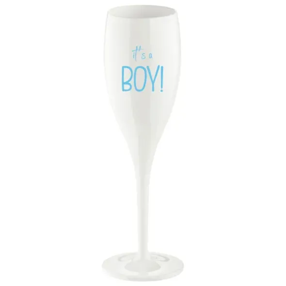 Sektglas IT'S A BOY - weißes Kunststoff Champagnerglas mit Botschaft