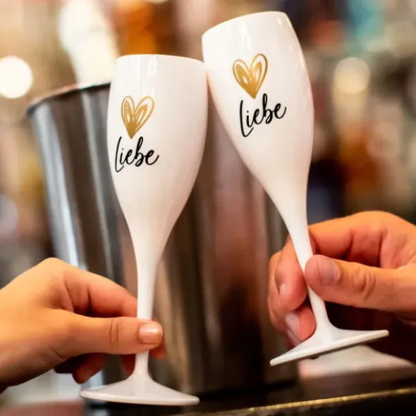 Sektglas LIEBE HERZ gold - weißes Kunststoff Champagnerglas mit Botschaft