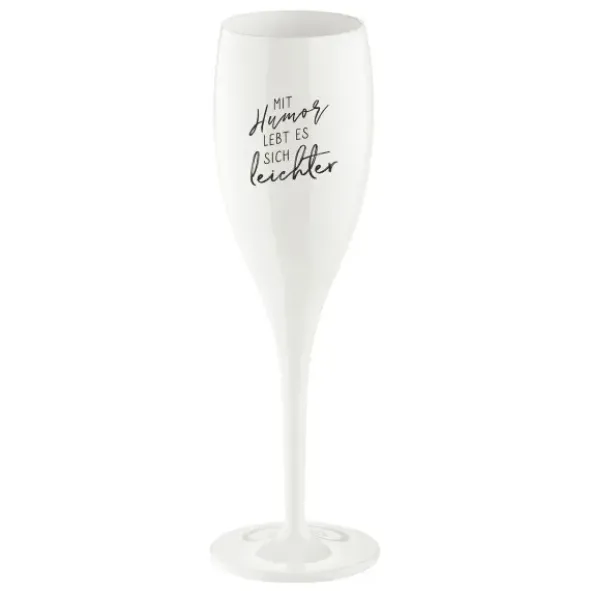 Sektglas MIT HUMOR LEBT ES SICH LEICHTER - weißes Kunststoff Champagnerglas mit Botschaft