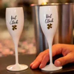 Sektglas VIEL GLÜCK - weißes Kunststoff Champagnerglas mit Botschaft