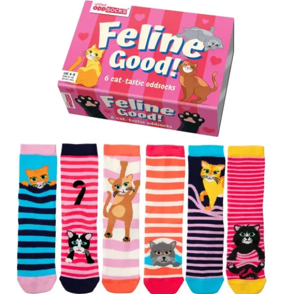 Socken Geschenkbox Feline Good! – 6 einzelne Socken mit Katzenmotiv Gr. 39–46