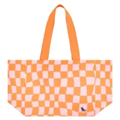 Strandtasche mit Karomuster orange – faltbarer Shopper mit Aufbewahrungsbeutel