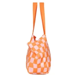 Strandtasche mit Karomuster orange – faltbarer Shopper mit Aufbewahrungsbeutel