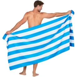 Strand- und Badetuch blau-weiß gestreift - XL Handtuch 200 x 90 cm mit Beutel, schnelltrocknend & leicht