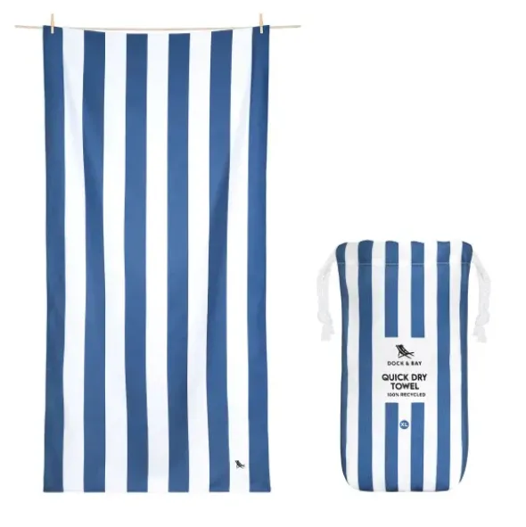 Strand- und Badetuch dunkelblau-weiß gestreift - XL Handtuch 200 x 90 cm mit Beutel, schnelltrocknend & leicht