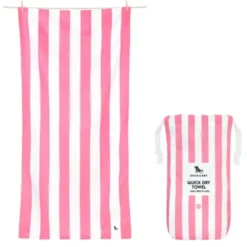 Strand- und Badetuch pink-weiß gestreift - XL Handtuch 200 x 90 cm mit Beutel, schnelltrocknend & leicht