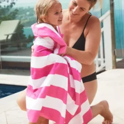 Strand- und Badetuch pink-weiß gestreift - XL Handtuch 200 x 90 cm mit Beutel, schnelltrocknend & leicht