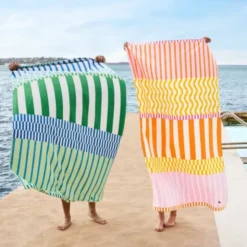 Strand- und Badetuch rosa-gelb-orange gestreift - XL Handtuch 200 x 90 cm mit Beutel, schnelltrocknend & leicht