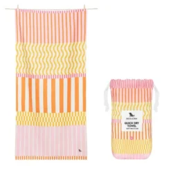 Strand- und Badetuch rosa-gelb-orange gestreift - XL Handtuch 200 x 90 cm mit Beutel, schnelltrocknend & leicht