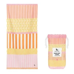 Strand- und Badetuch rosa-gelb-orange gestreift - XL Handtuch 200 x 90 cm mit Beutel, schnelltrocknend & leicht