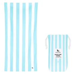 Strand- und Badetuch XL 200 x 90 cm mit Beutel - schnelltrocknend & leicht, blau-weiß gestreift