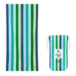 Strand- und Badetuch XL 200 x 90 cm mit Beutel - schnelltrocknend & leicht, blau-grün gestreift