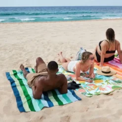 Strand- und Badetuch XL 200 x 90 cm mit Beutel - schnelltrocknend & leicht, blau-grün gestreift