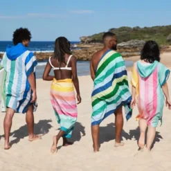 Strand- und Badetuch XL 200 x 90 cm mit Beutel - schnelltrocknend & leicht, blau-grün gestreift