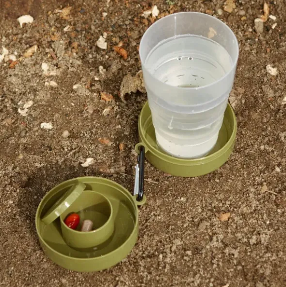 Survival Klappbecher mit Pillenfach + Karabiner