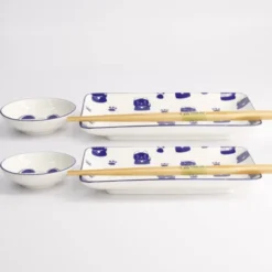 Sushi Set Glückskatze Blau – 6-teiliges Porzellan Geschirr für 2 Personen