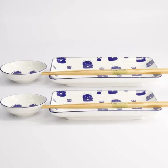 Sushi Set Glückskatze Blau – 6-teiliges Porzellan Geschirr für 2 Personen