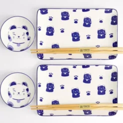 Sushi Set Glückskatze Blau – 6-teiliges Porzellan Geschirr für 2 Personen