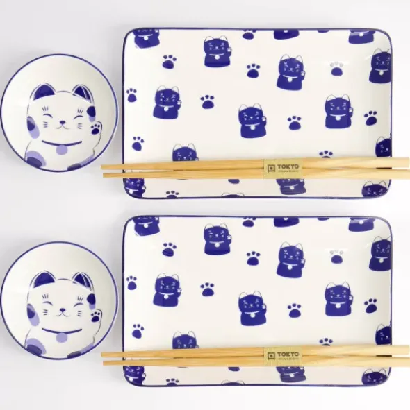 Sushi Set Glückskatze Blau – 6-teiliges Porzellan Geschirr für 2 Personen