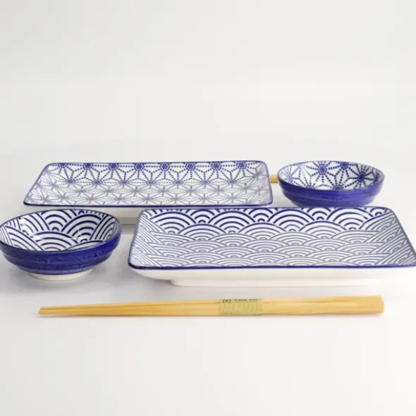 Sushi Set Wellen & Sterne – 6-teiliges Porzellan Geschirr für 2 Personen