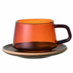 Tasse SEPIA 270 ml - Henkeltasse aus Glas mit Untertasse aus Holz