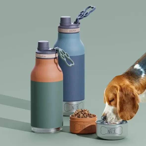 Trinkflasche 1l für Mensch & Hund - mit Wassernapf & Futternapf, blau