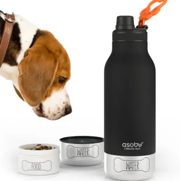 Trinkflasche 1l für Mensch & Hund - mit Wassernapf & Futternapf, blau