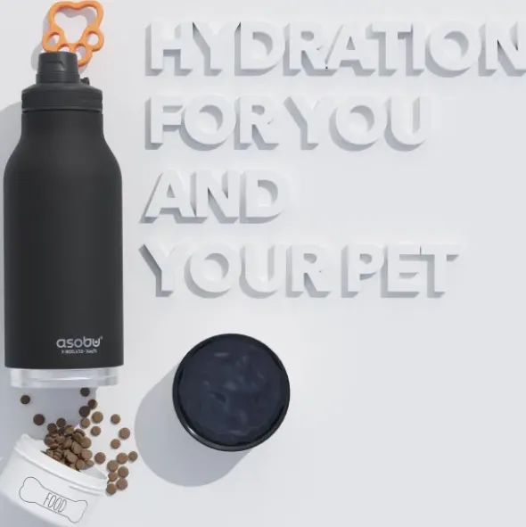 Trinkflasche 1l für Mensch & Hund - mit Wassernapf & Futternapf, rosa