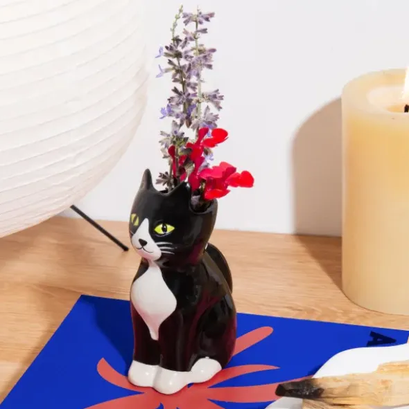 Vase Katze schwarz – kleine Keramikvase 11 cm